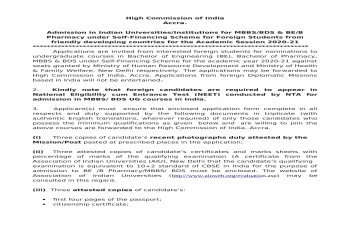 Admissions for MBBS/BDS & BE/B Pharmacy under Self-Financing Scheme for Foreign Students from friendly developing countries for the Academic Session 2020-21